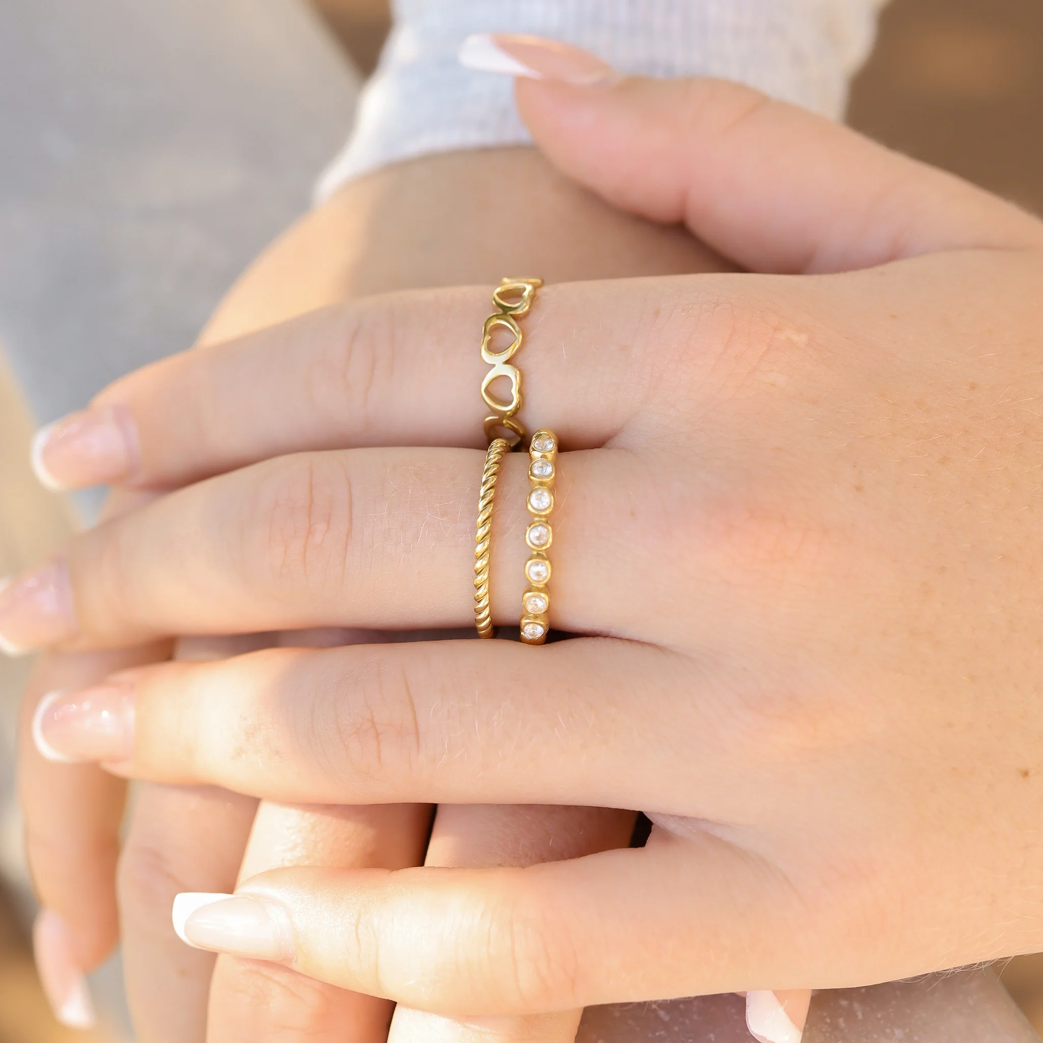 18K Gold PVD Stainless Steel Beaded CZ Stacking Ring / CSR0007 - Image 4