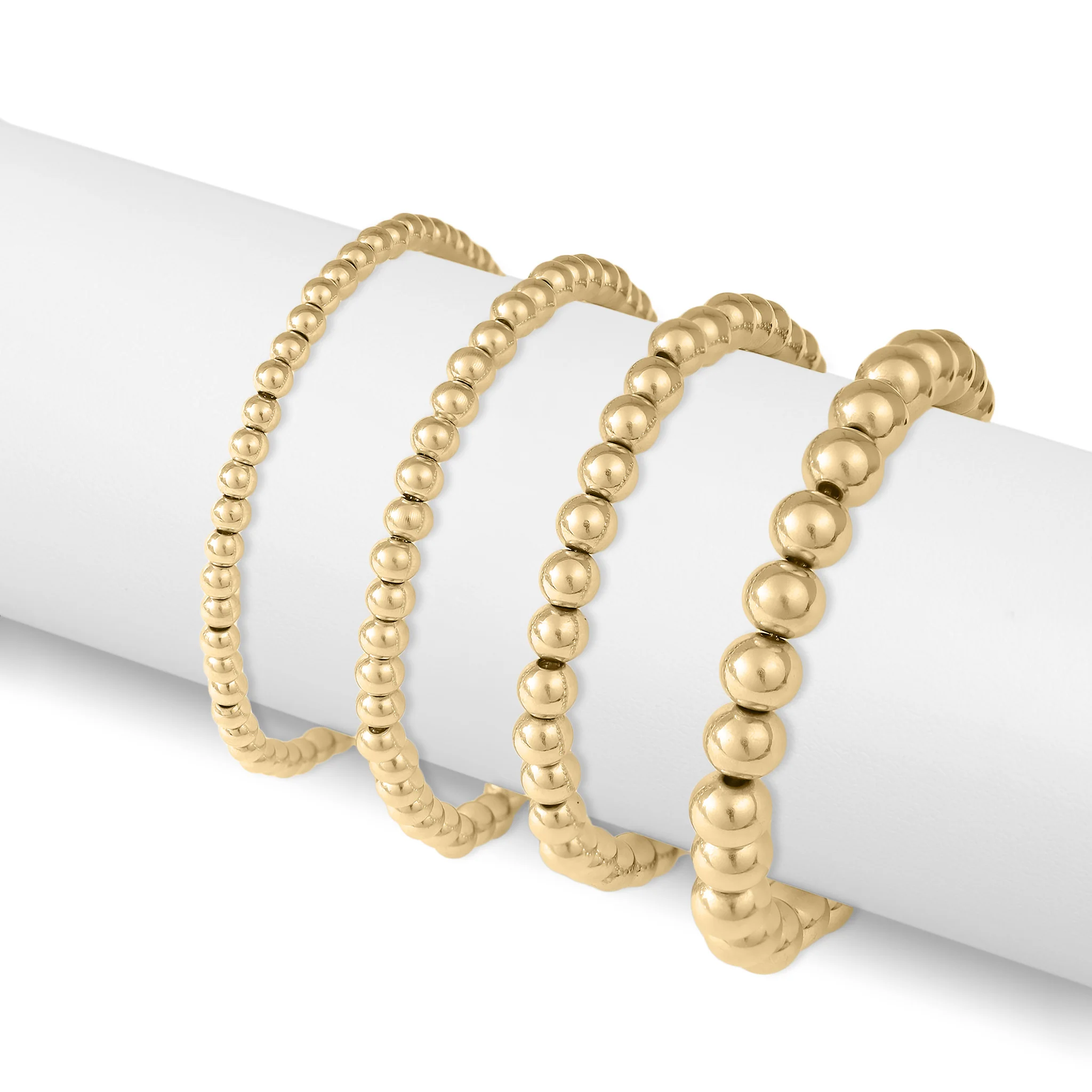 18K Gold PVD Stainless Steel Beaded Stretch Bracelet / SBB0342 - Image 3
