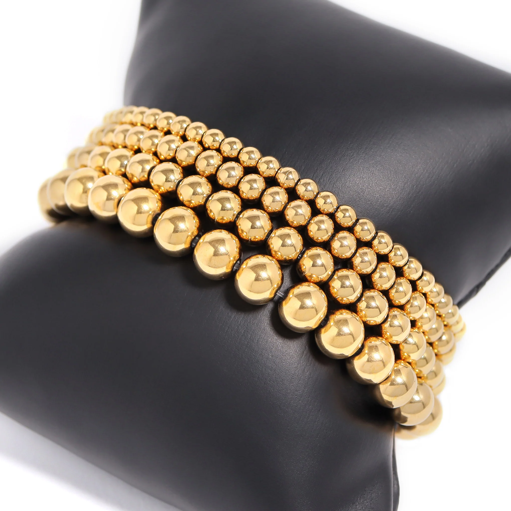 18K Gold PVD Stainless Steel Beaded Stretch Bracelet / SBB0342 - Image 6