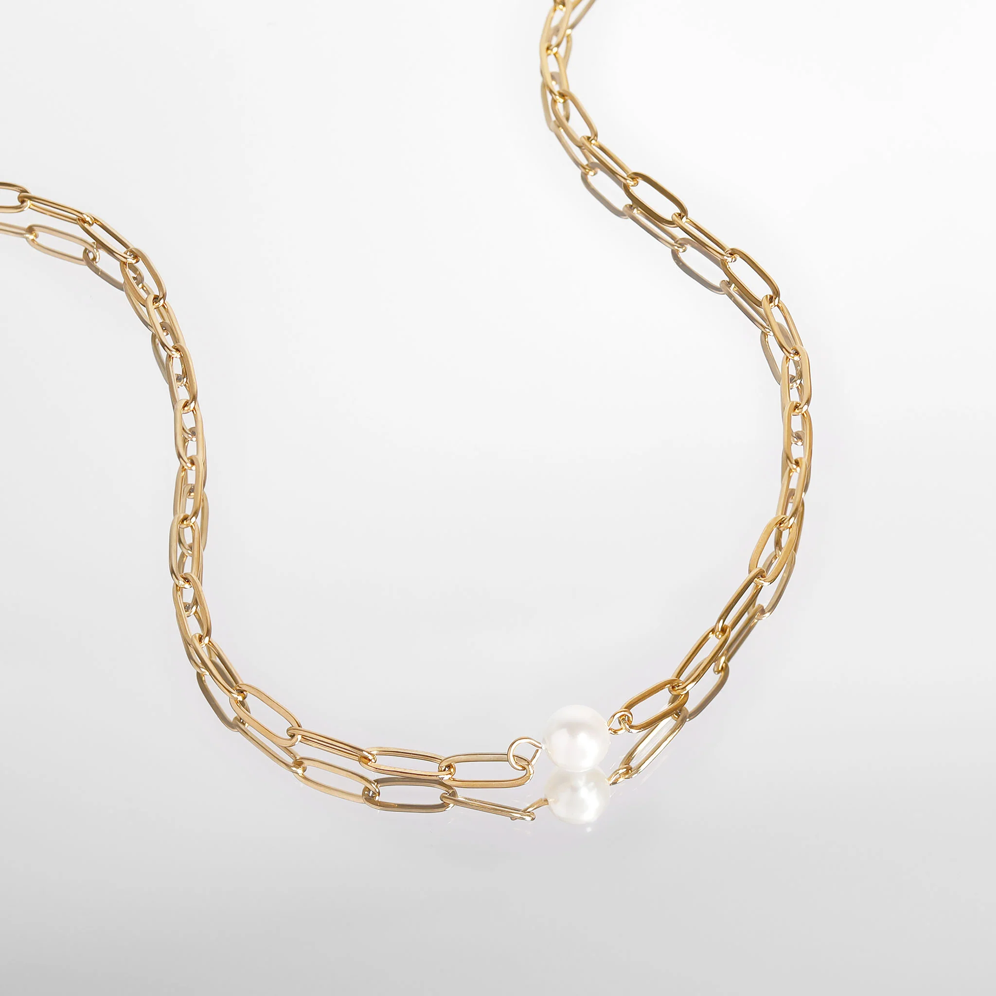 18K Gold PVD Stainless Steel Paperclip Necklace With Pearl / CHN9956 - Image 15