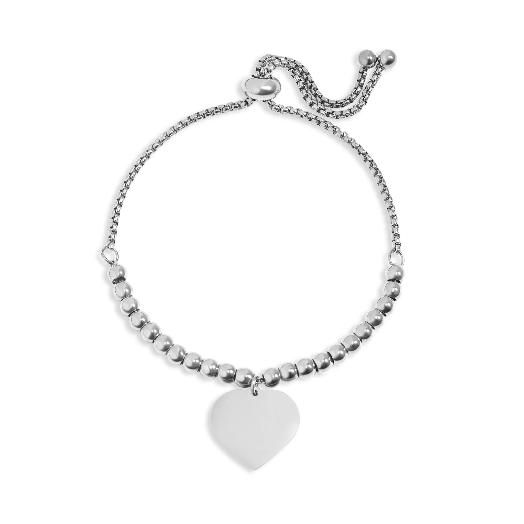 18K Gold PVD Stainless Steel Adjustable Engravable Heart Beaded Bracelet / SBB0276 - Image 3