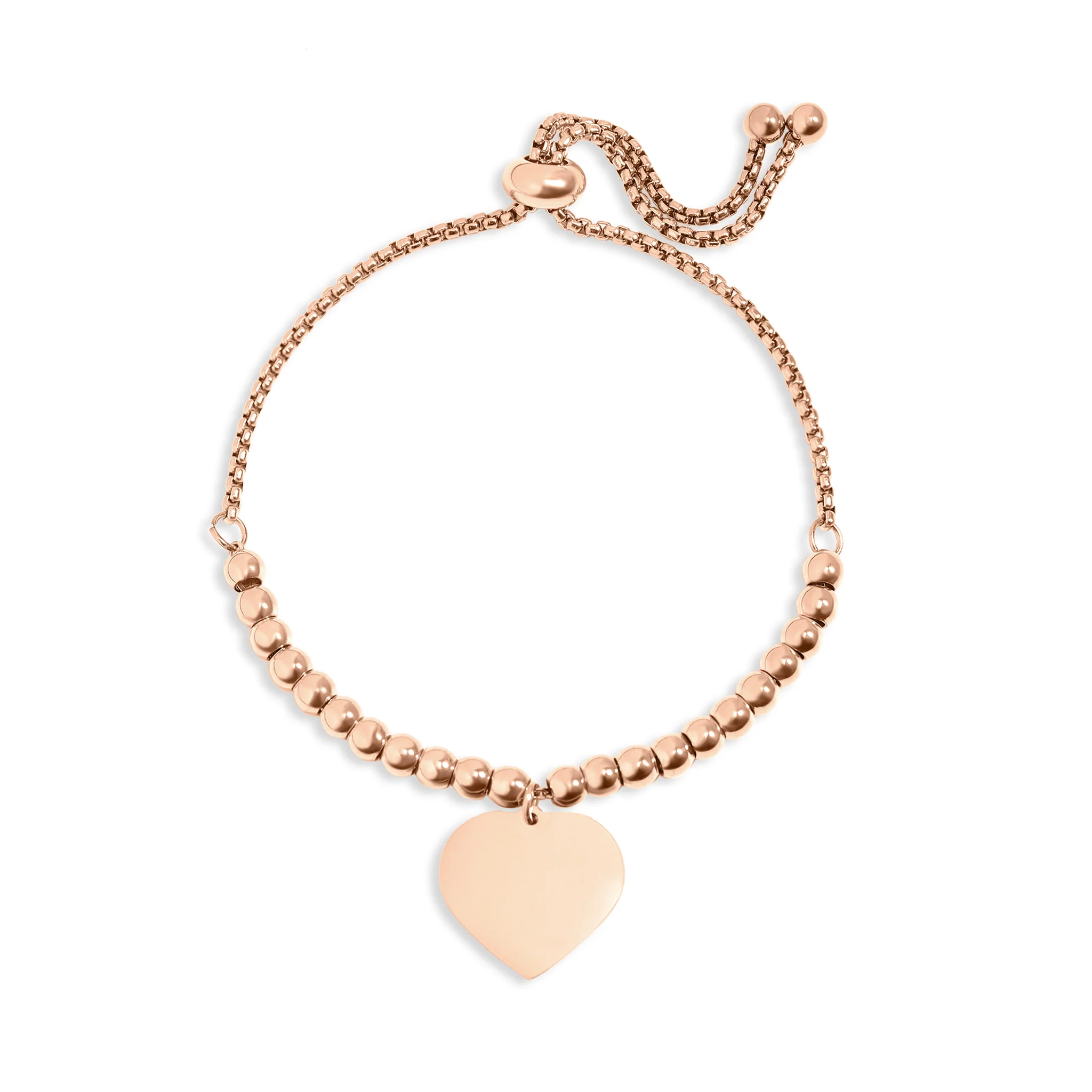 18K Gold PVD Stainless Steel Adjustable Engravable Heart Beaded Bracelet / SBB0276 - Image 4