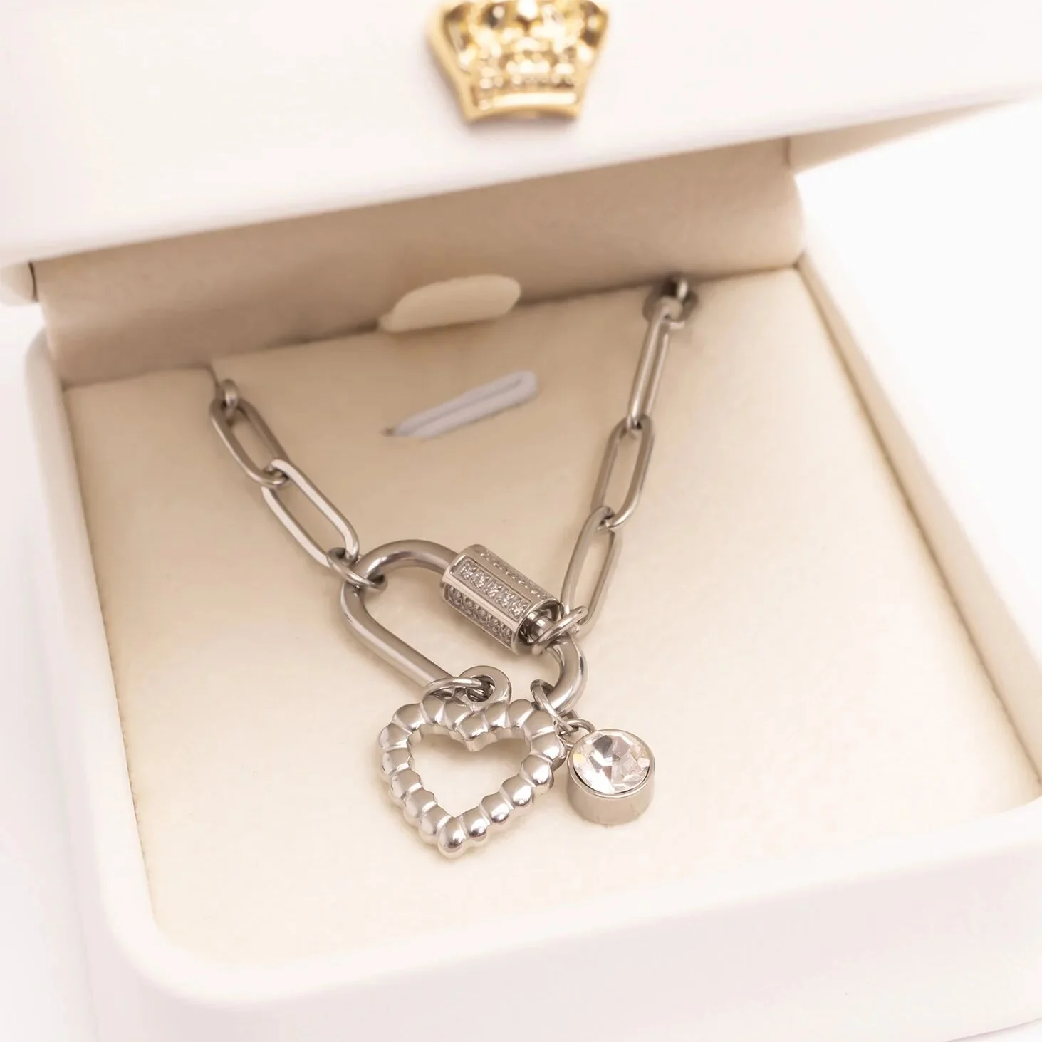 18K Gold PVD Stainless Steel CZ Stone Carabiner Necklace / CHN0151 - Image 6
