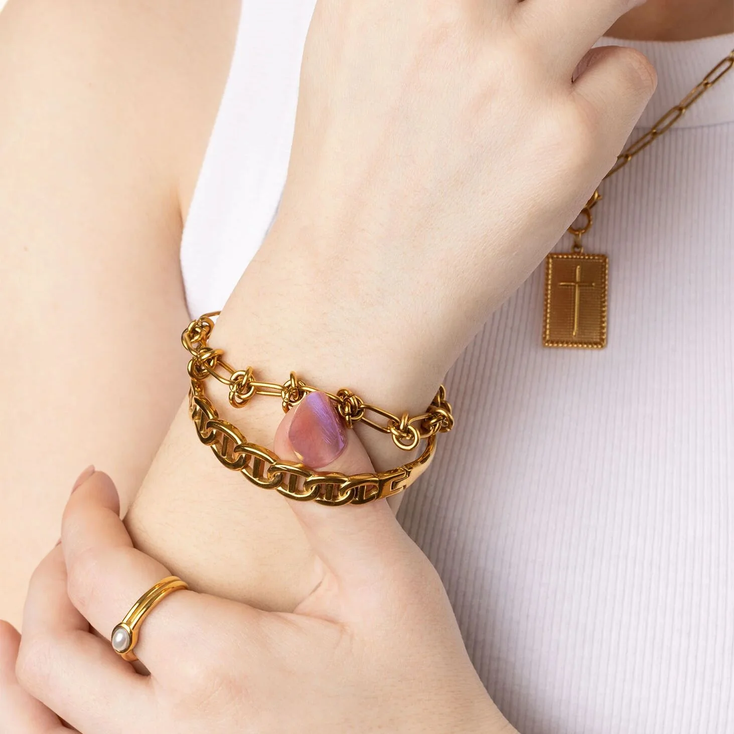 18K Gold PVD Stainless Steel Fluted Stacking Ring / KSS0032 - Image 10