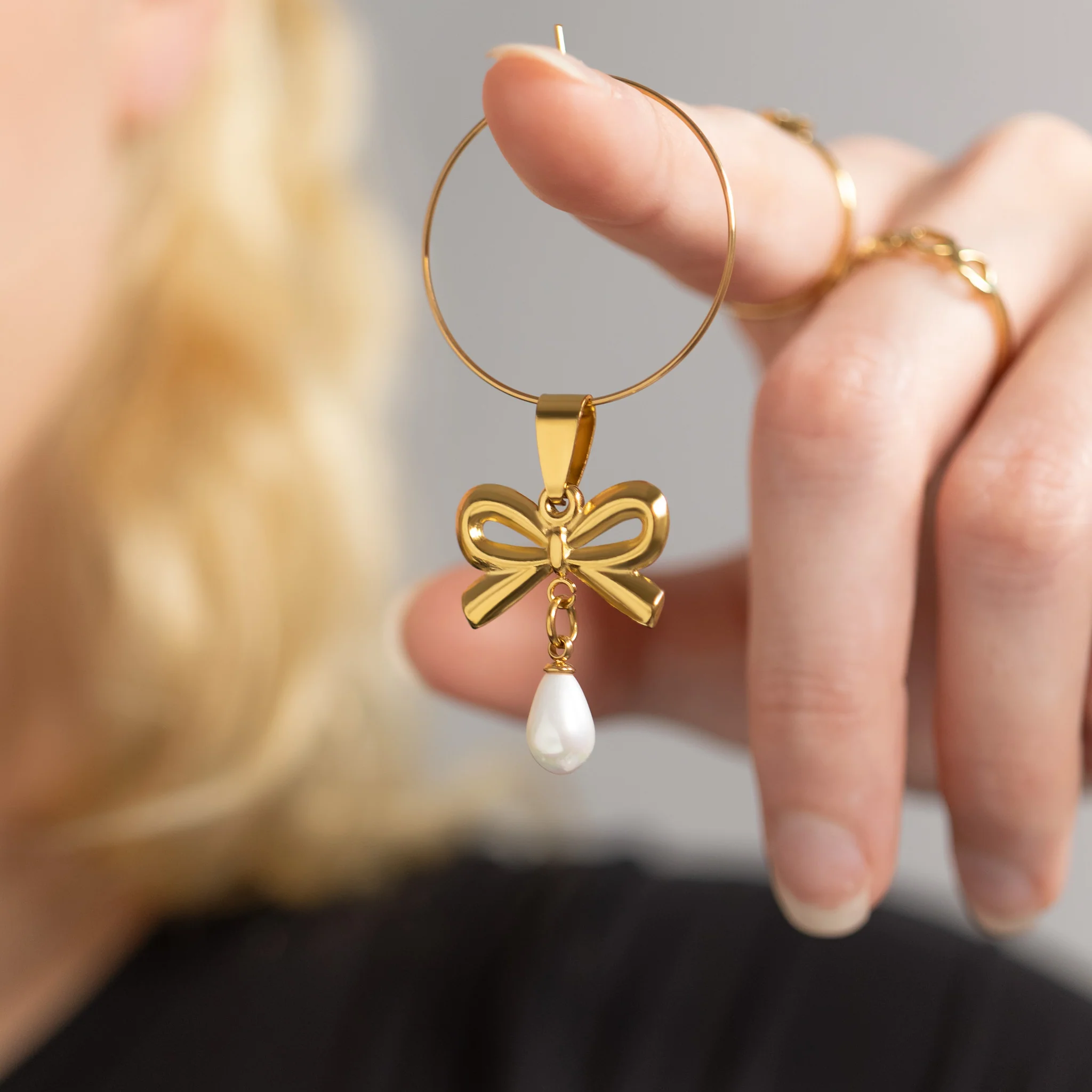 18K Gold PVD Stainless Steel Freshwater Pearl Bow Charm / PDL0291 - Image 5