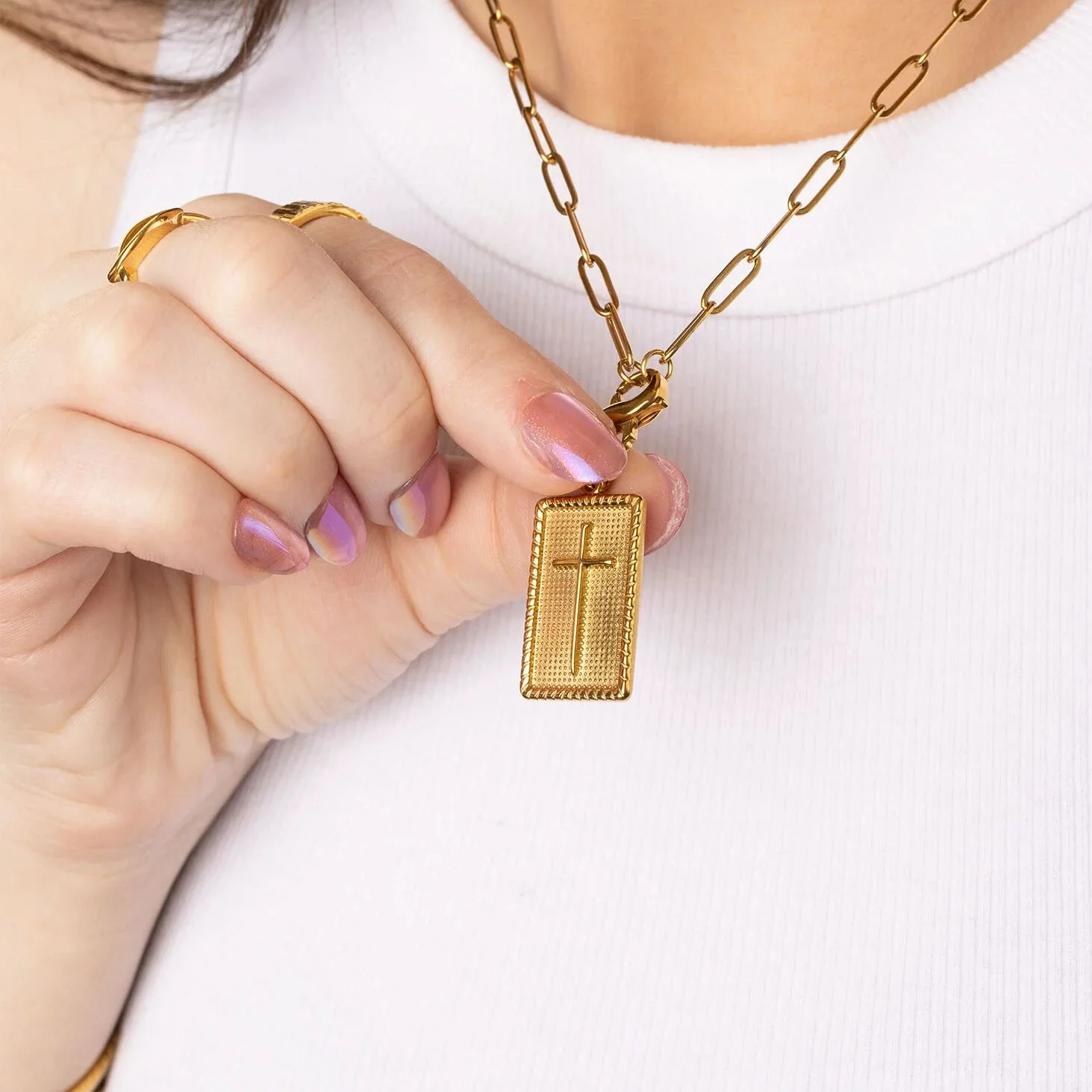 18K Gold PVD Stainless Steel Square Pendant with Cross / PDL0375 - Image 8