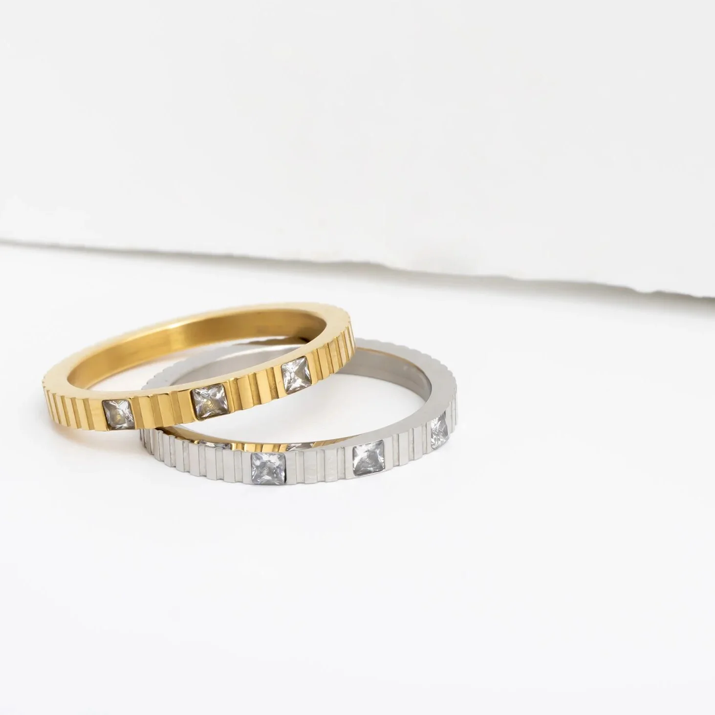 18K Gold Stainless Steel Triple Stone Fluted Stacking Ring / KSS0029 - Image 10