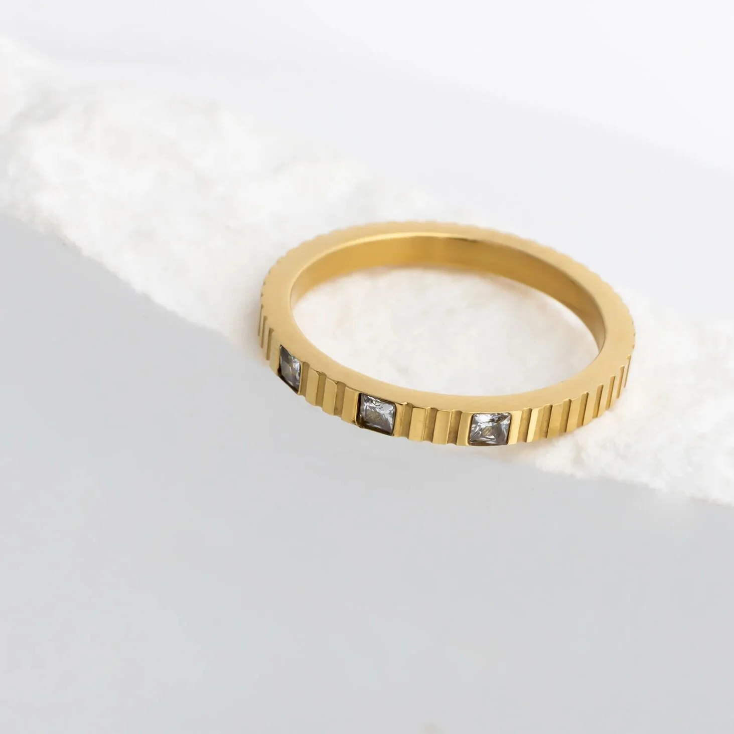 18K Gold Stainless Steel Triple Stone Fluted Stacking Ring / KSS0029 - Image 3