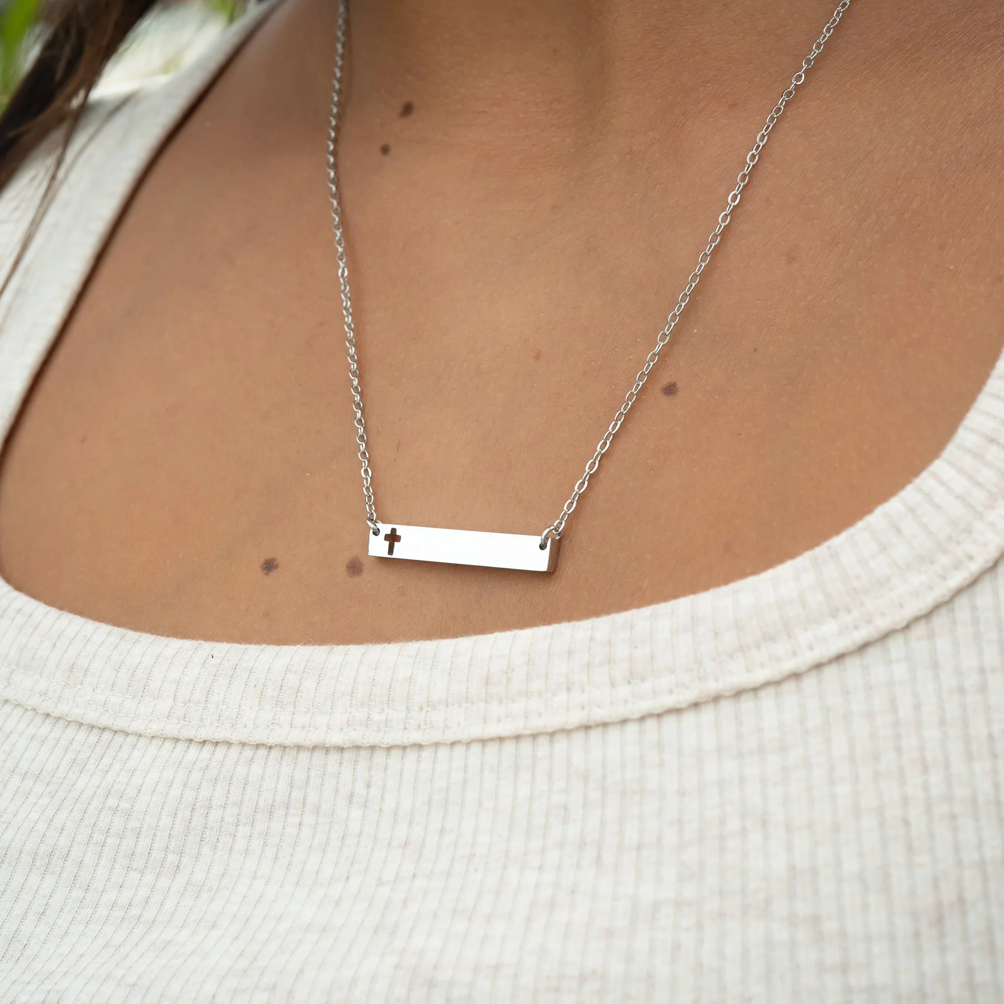 18K Gold PVD Stainless Steel Cutout Cross Blank Bar Necklace / SBB00106 - Image 8